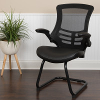 Flash Furniture BL-X-5C-BK-LEA-GG Black Mesh Sled Base Side Reception Chair with White Stitched LeatherSoft Seat and Flip-Up Arms